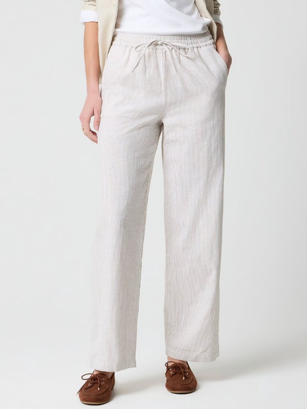 J. Crew Linen-Cotton Blend Slim Wide-Leg Drawstring Pant Tan Pinstripe Pockets 6